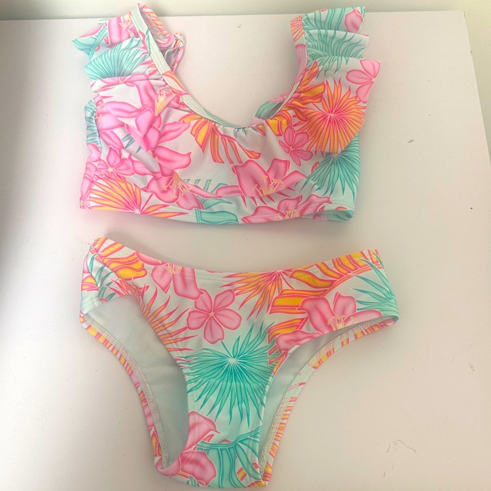 Floral Kids Bikini Two Pieces Swim Set - Pink and Green SZ 4/5